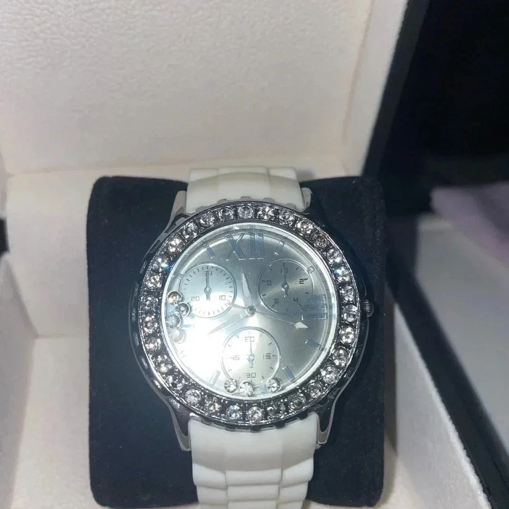 Gracie Lynn Watch White Buckle Band Round Face Silver Toned Rhinestones
